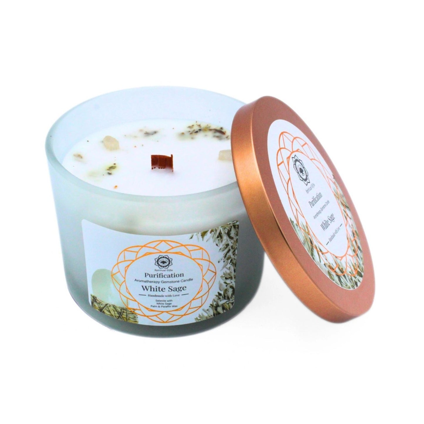 Bougie parfumée Green Tree - Purification à la sauge blanche, Sélénite