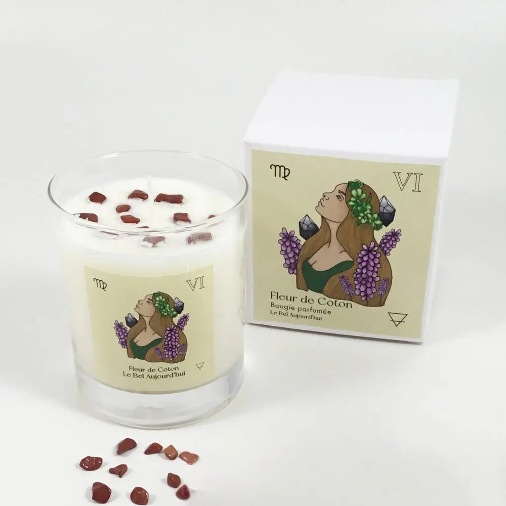 Vierge, Bougie et Pierres Jaspe Rouge, Fleur de Coton