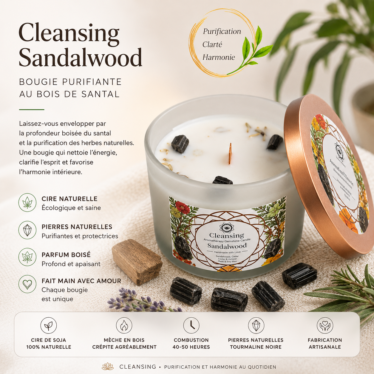 Bougie Parfumée Green Tree – Purification au Bois de Santal, Tourmaline Noire