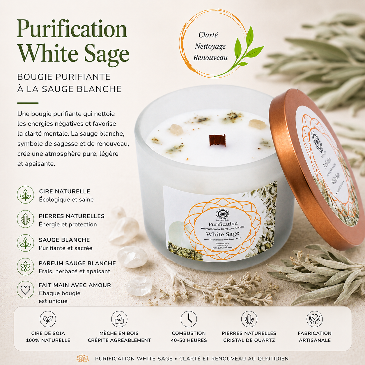 Bougie parfumée Green Tree - Purification à la sauge blanche, Sélénite