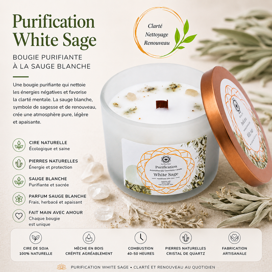 Bougie parfumée Green Tree - Purification à la sauge blanche, Sélénite