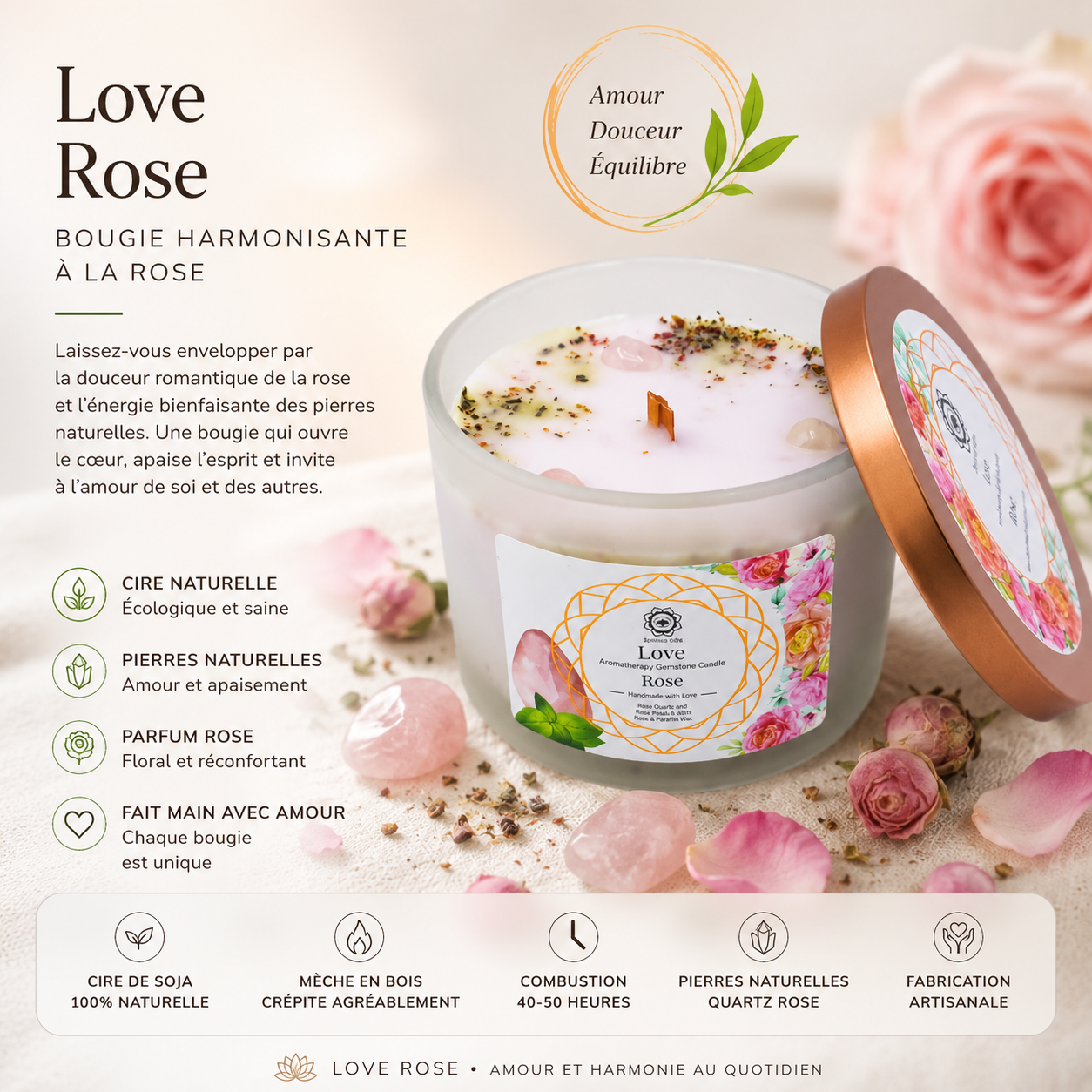 Bougie parfumée Green Tree - Amour à la Rose, Quartz Rose