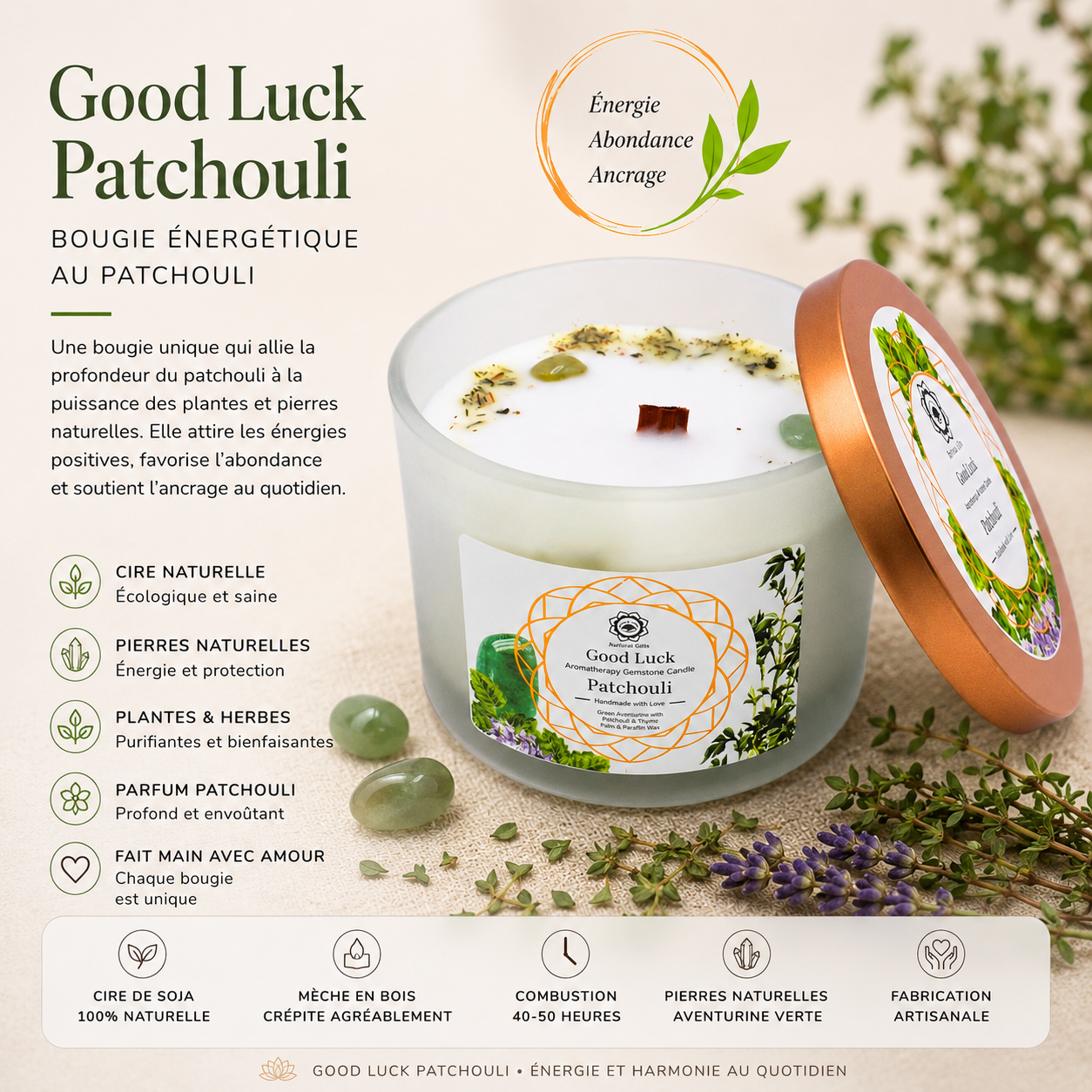 Bougie parfumée Green Tree - Bonne chance au patchouli, Aventurine
