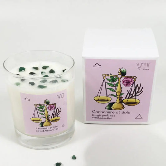 Balance, Bougie 180 g et Pierres Aventurine, Cachemire et Soie