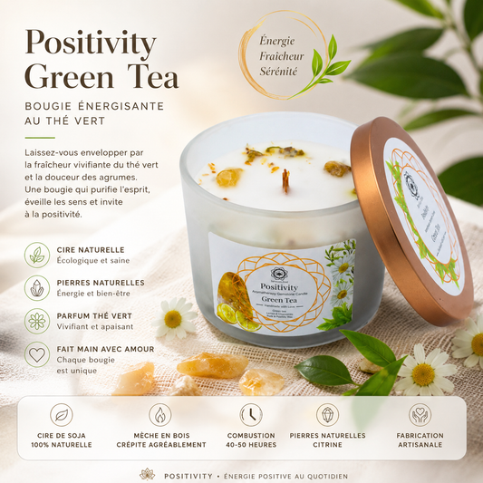 Bougie Parfumée Green Tree – Positivité au Thé Vert, Citrine