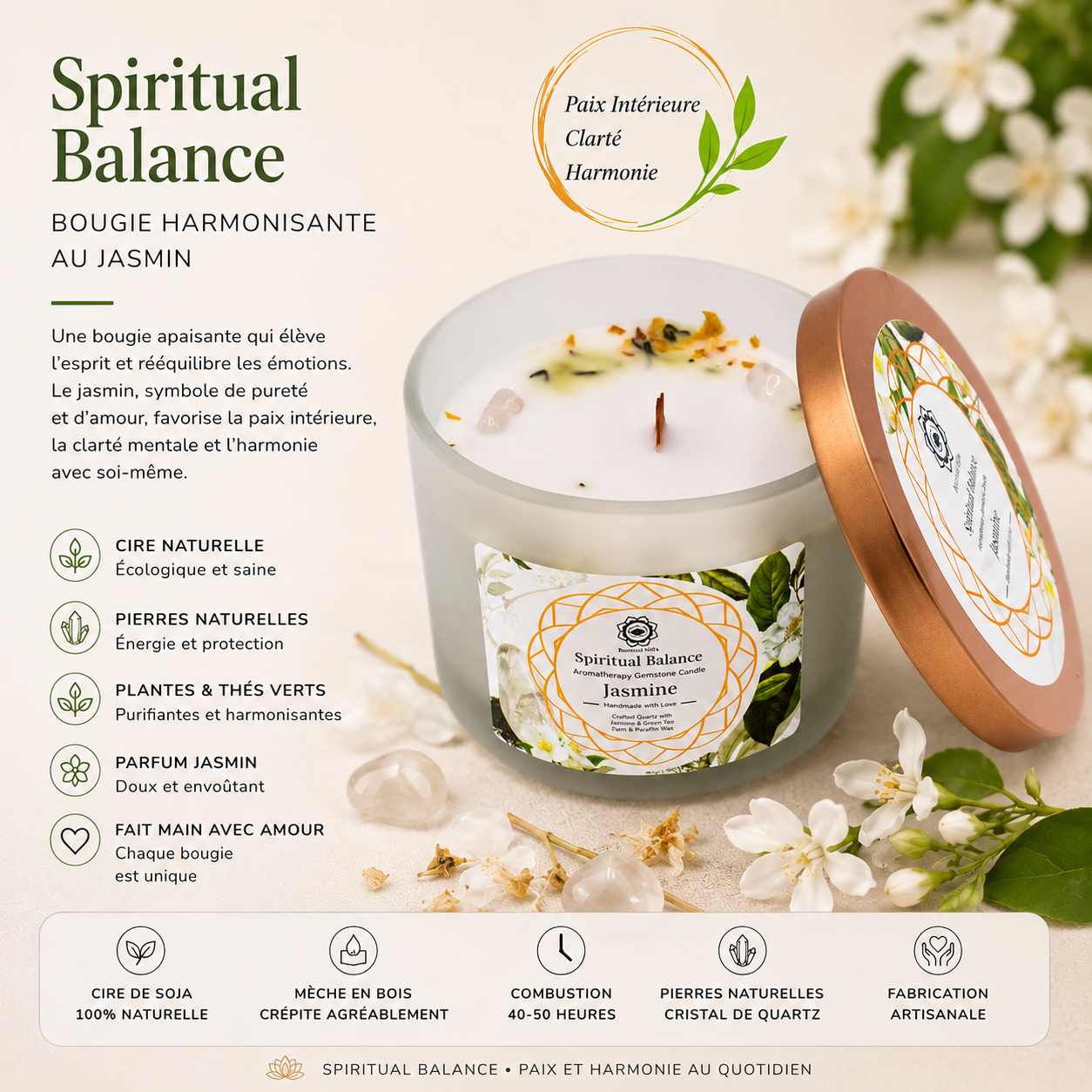 Bougie parfumée Green Tree - Équilibre spirituel au jasmin, Cristal de Roche