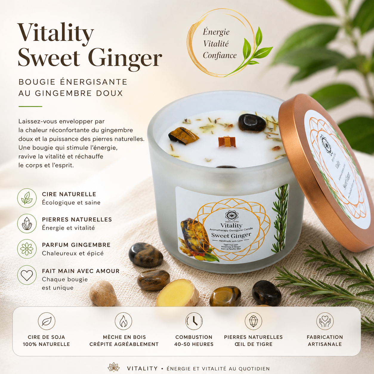 Bougie parfumée Green Tree - Vitalité au Gingembre doux, Œil du Tigre