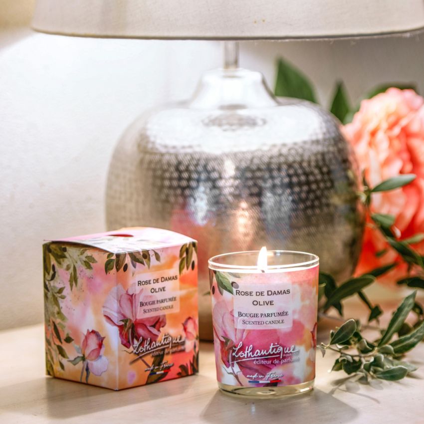 Bougie ROSE DE DAMAS OLIVE, Jardin d'aquarelles, Lothantique.