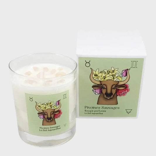Taureau – Bougie parfumée et Pierres Quartz Rose, Pivoines Sauvages